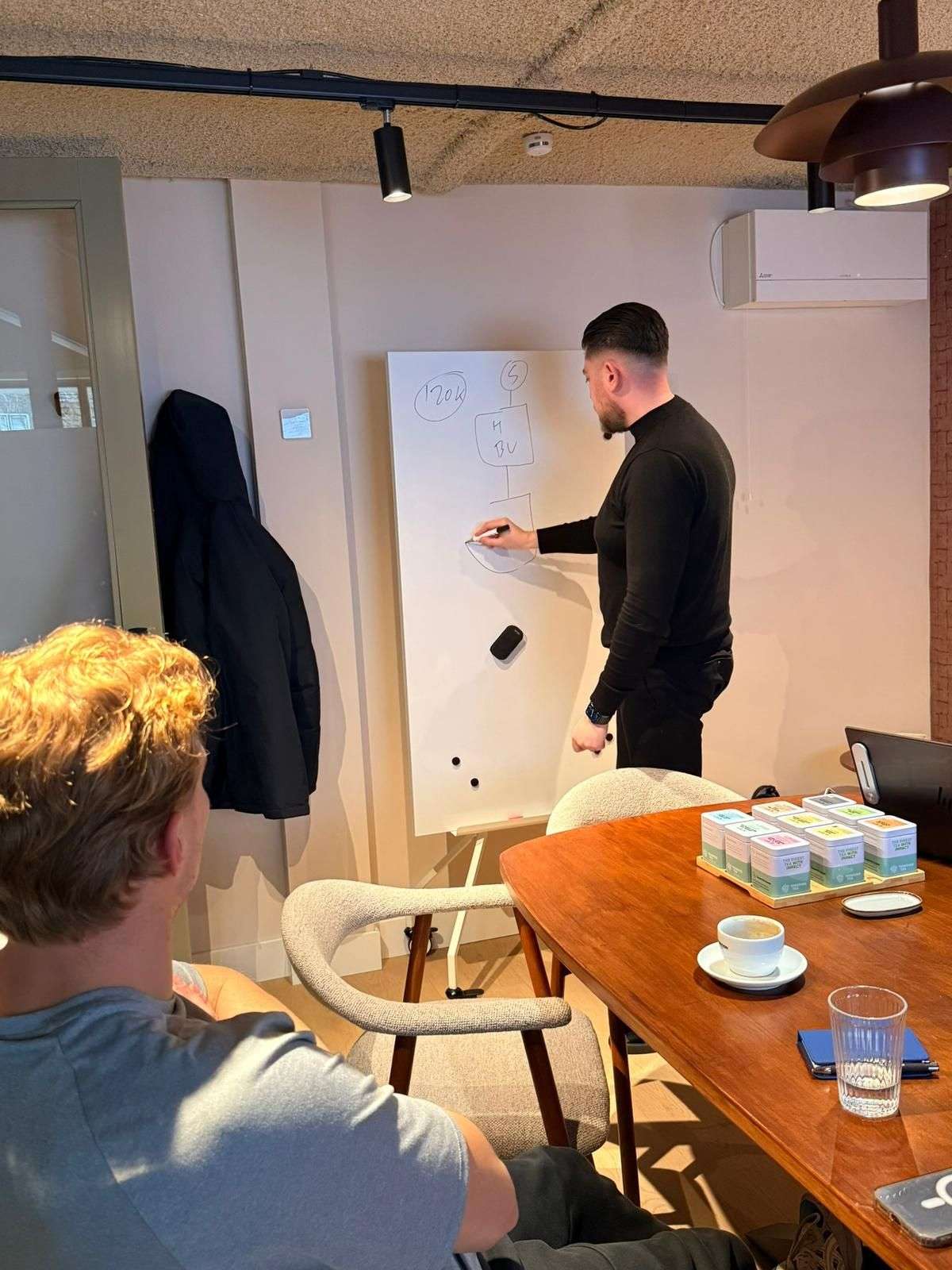 Adviseur legt de strategie uit op het whiteboard